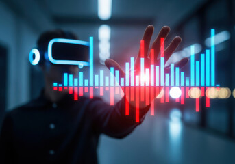 Person wearing vr headset interacting with futuristic holographic financial data visualization and graphs