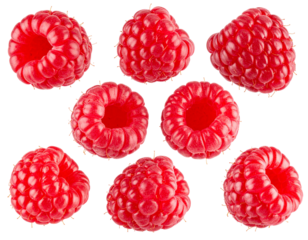 Seven ripe raspberries arranged in a circular pattern