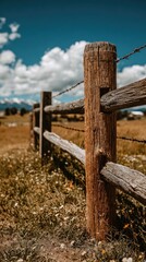 Rustic wooden fence post and barbed wire under a partly cloudy sky