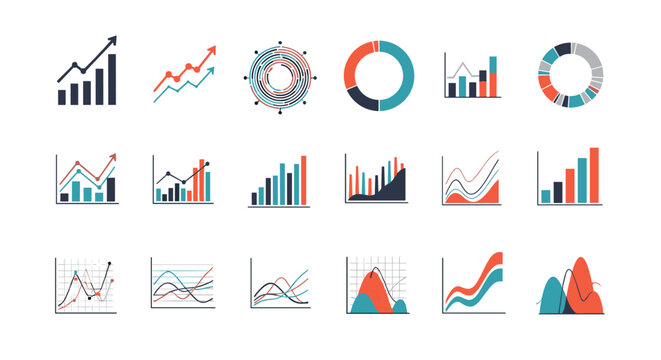 Collection of financial business growth and analysis graphs and charts illustrating upward trends and data visualization techniques