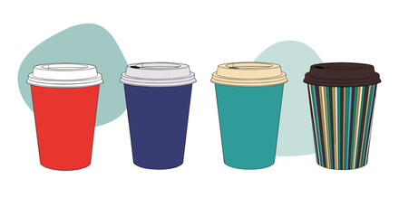 Collection of four stylish coffee cups with different colored lids and patterns perfect for takeaway beverages and daily commutes