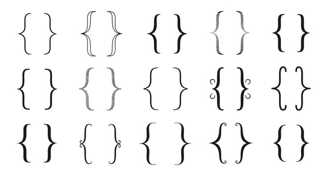 A collection of decorative and ornate curly braces and brackets displayed in a grid pattern on a white background