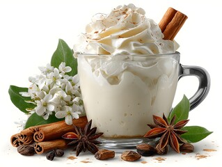 A festive creamy beverage is adorned with whipped cream, cinnamon sticks, and star anise on white backdrop.