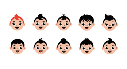 Collection of diverse cartoon baby faces with various hairstyles and expressions celebrating childhood innocence and joyful moments