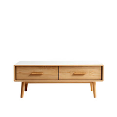 Light-colored wooden TV stand with two drawers.  Simple, rectangular design with small, light-colored handles.  Features  small,  chunky  legs.  Studio shot,  isolated