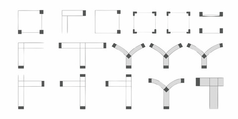 Collection of abstract geometric shapes and modular design elements with connections and corners