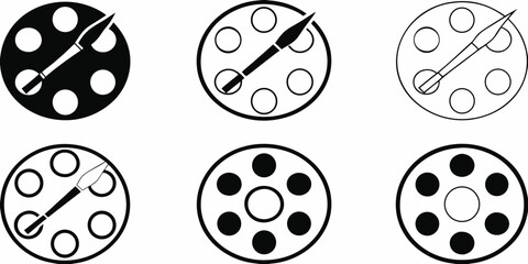 Set of six circular art palettes with paintbrushes and paint wells in various styles and colors