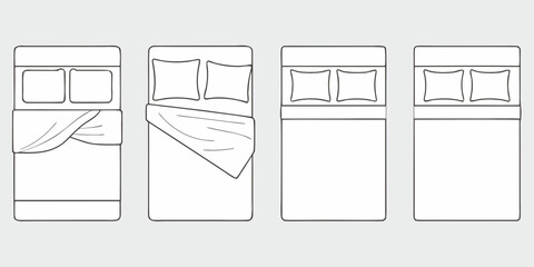 Top view line drawing of four beds with different arrangements of pillows and blankets