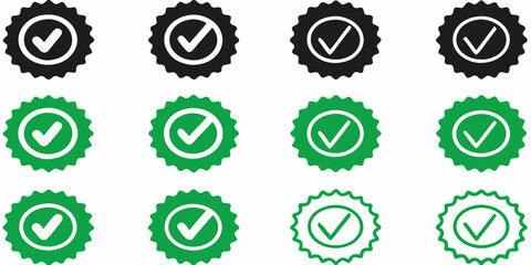 Collection of green and black checkmark badges with serrated edges indicating approval and verification