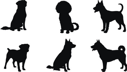 Dog silhouette collection, different dog breeds, black vector dogs, pet animal illustration, canine clipart set, domestic dog vector art, loyal pet