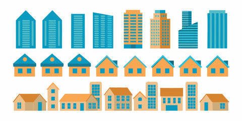 Collection of flat design residential and commercial buildings in blue and orange colors