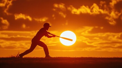 Silhouette of a baseball player hitting a ball during a vibrant sunset display athletic prowess