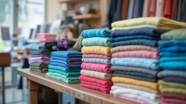 A pile of colorful folded clothes neatly arranged on a wooden table in a shop. 4k video