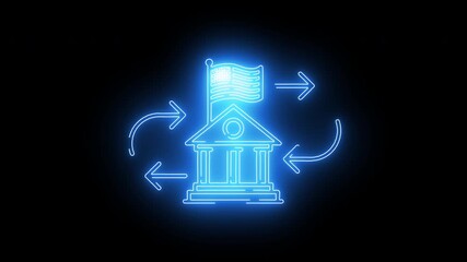 Blue neon glowing government building with arrows showing circular process of digital transformation - Powered by Adobe