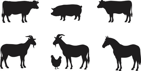 Farm animal silhouette collection, cow, pig, goat, horse, chicken, domestic livestock vector set, rural animal shapes, farming illustration