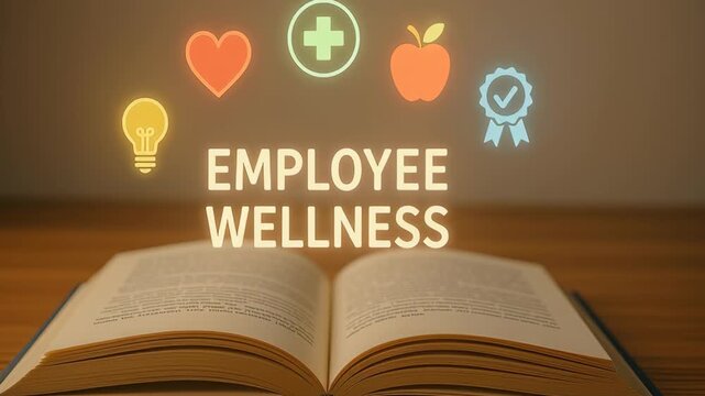 Wellbeing program work. Open book showcasing employee wellness with vibrant icons of health, nutrition, and lifestyle, promoting happiness and well