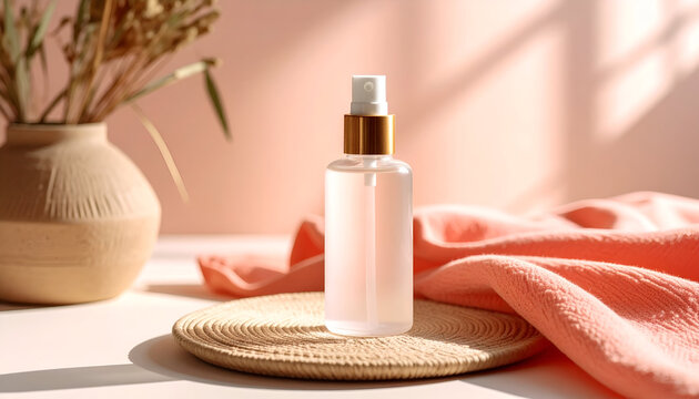 Clear mist bottle mockup on a pastel coral biodegradable cloth with an eco ceramic diffuser nearby, illuminated by soft shadowed rim light