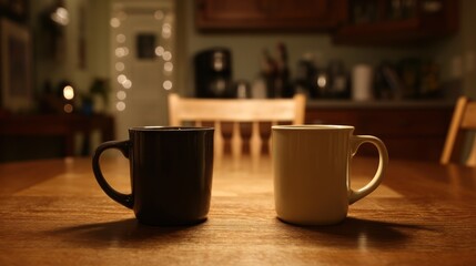 Two mugs on wooden table nighttime