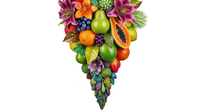 A vibrant cascade of fresh fruits and colorful flowers creates a beautiful and healthy arrangement isolated on transparent background