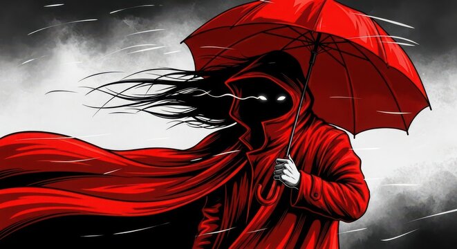 Mysterious figure in red cloak and umbrella braving a stormy atmosphere with dark wispy elements adding dramatic intensity and intrigue silhouette