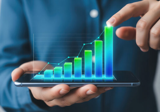 Fingertip touch enhances digital bar chart showing upward growth and financial success
