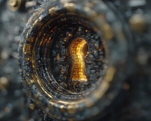 Close-up of a futuristic keyhole surrounded by intricate circuit patterns and glowing lights, representing security, technology, and digital privacy concepts