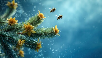 Two bees hover near yellow flowers on a pine branch