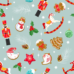 Christmas seamless pattern featuring nutcrackers and new year's toys. Perfect for kids' clothing and home decor, as well as wrapping paper.