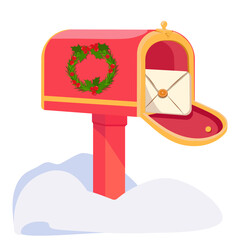 Opened outdoor Christmas mailbox with letter. Santa Claus mail. Vector illustration, flat design