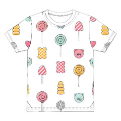 Black t-shirt with colorful candy and bear pattern apparel clothing isolated on a transparent background