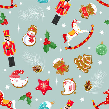 Christmas seamless pattern featuring nutcrackers and new year's toys. Perfect for kids' clothing and home decor, as well as wrapping paper.