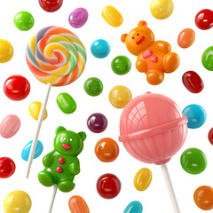 Assortment of colorful candies and lollipops candy sweets isolated on a transparent background