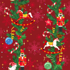 Christmas seamless pattern featuring Nutcrackers and New Year's toys on a red background. Perfect for kids' apparel and home decor, as well as wrapping paper.