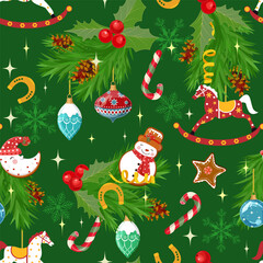 Christmas seamless pattern featuring a fir tree, holly, Christmas balls, and gingerbread. The illustration is suitable for use as a decorative wrapping paper or textile print. 