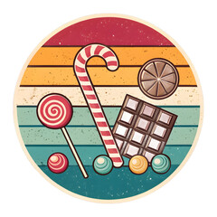 Retro Candy Assortment in a Circle with Sunset Stripes sweets confectionery isolated on a transparent background
