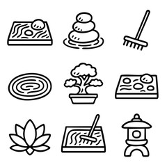 A set of doodle line icons featuring Japanese zen gardens, raked sand, stacked stones, bonsai, lotus, and peaceful meditation elements
