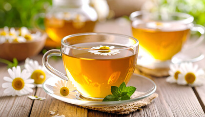 Soothing herbal infusion of chamomile served in a transparent teacup with fresh blossoms on a wooden tabletop