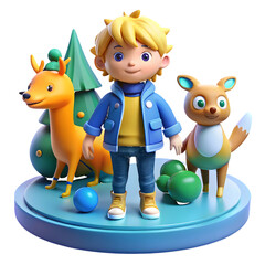 Whimsical 3D Scene with Boy Deer and Fox on Platform cartoon diorama isolated on a transparent background