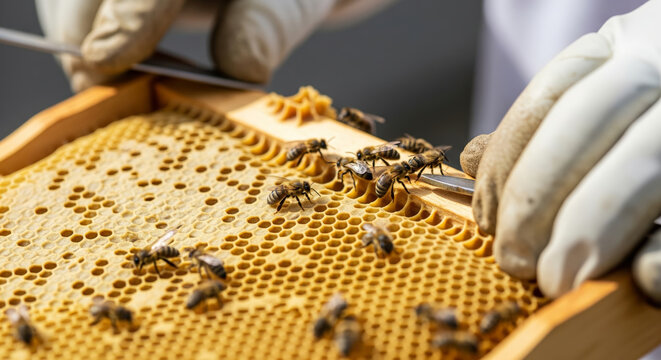 Beekeeper inspecting honeycomb with active bees
