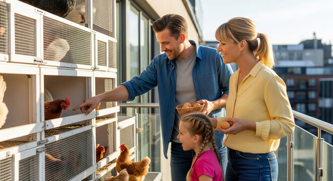 Family collecting fresh eggs from balcony chicken coop