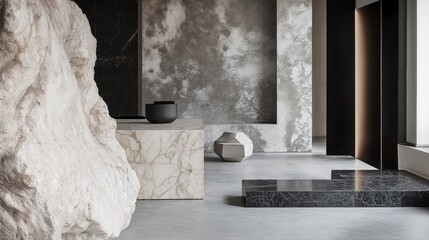 Modern minimalist interior design with textured walls, natural stone, and dramatic lighting creates sophisticated ambiance