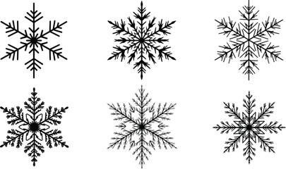 Set of six detailed black snowflake silhouettes, winter season symbols, holiday decorations, festive patterns, frost, ice crystals, cold weather, Christmas, seasonal art, winter background