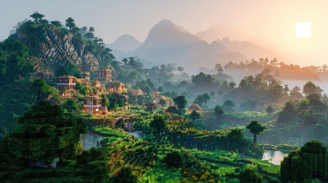 Vibrant village in misty mountains