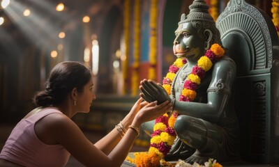 Woman prays to monkey deity statue in temple bathed in sunbeams