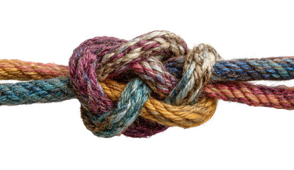 Obraz premium Close-up of a colorful knot tied in three strands of rope. The ropes are a mix of various shades, including purple, teal, and gold, creating a vibrant visual. 