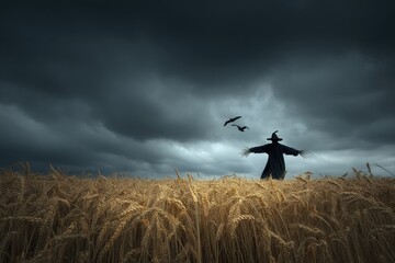 A dark figure in a wheat field under a stormy sky