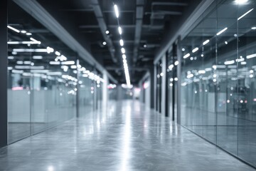 Fototapeta premium Blurry office corridor with glass walls