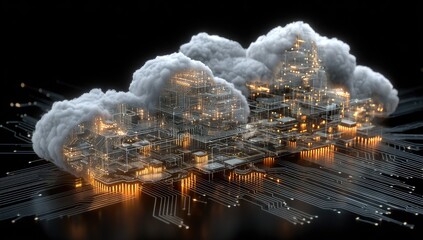 Futuristic city nestled within a cloud, resting on a circuit board