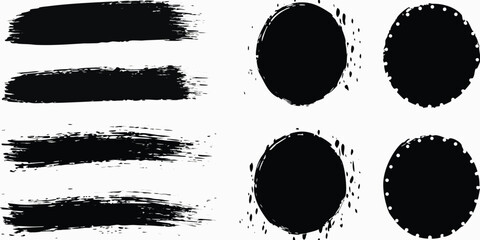 Collection of black brush stroke elements and circular shapes with distressed edges and dotted borders on a white background