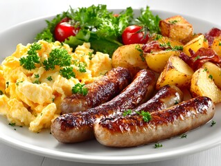 A delicious plate of scrambled eggs, sausages, roasted potatoes, and fresh salad makes for a hearty breakfast.